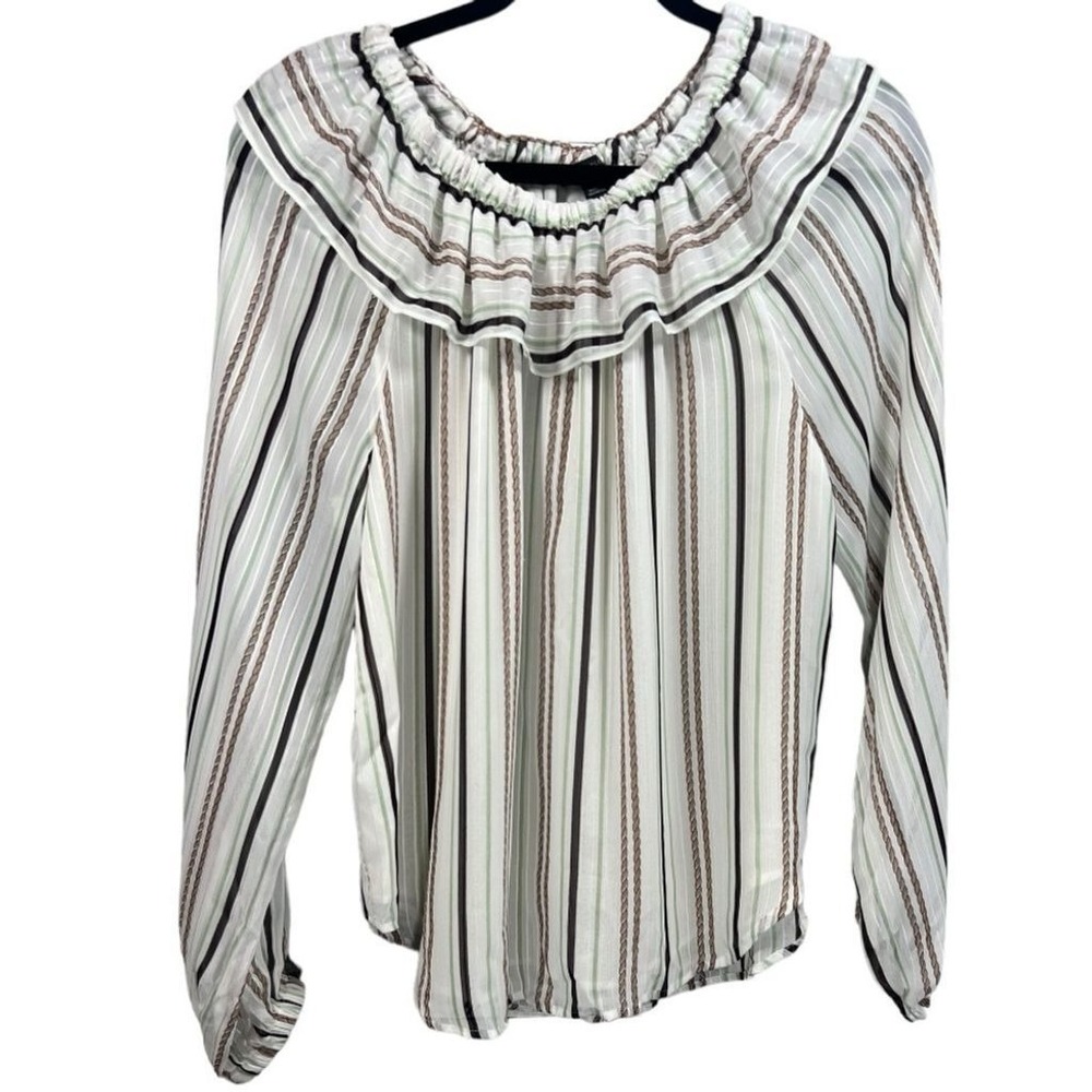 NWT Ann Taylor Striped Ruffle Neck Long Sleeve Blouse‎ Top Size Medium